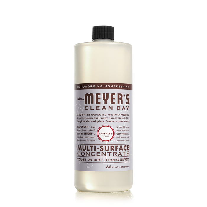 Mrs. Meyers Multi-Surface Concentrate (32 fl oz) contains essential oils and lavender, boasting aromatherapeutic qualities and an effective cleaning solution to refresh surfaces.