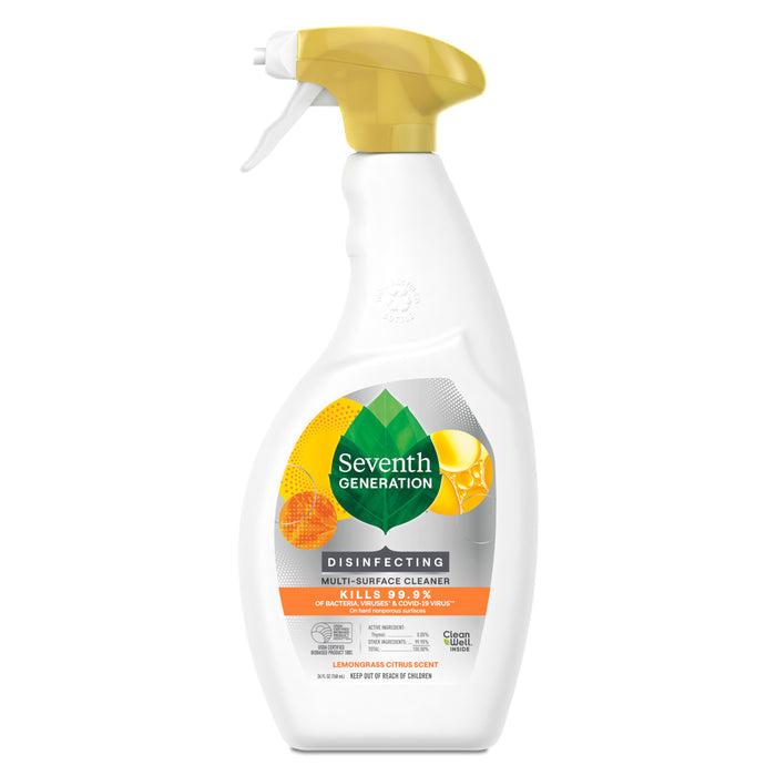 Seventh Generation Multi-Surface Disinfectant Cleaning Spray in a white bottle with yellow nozzle and citrus graphics kills 99.99% of household germs and features a refreshing Lemongrass Citrus scent.