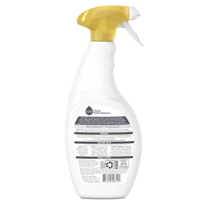 A white spray bottle of Seventh Generation Multi-Surface Disinfectant Cleaning Spray in Lemongrass Citrus, shown from the back, with a label listing directions, safety information, and product details for household germ removal.