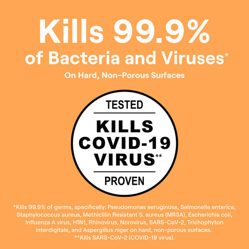 Orange background with white text: Kills 99.9% of Bacteria & Viruses* on Hard, Non-Porous Surfaces. Tested. Seventh Generation Multi-Surface Disinfectant Cleaning Spray kills household germs, including COVID-19 Virus** Proven.