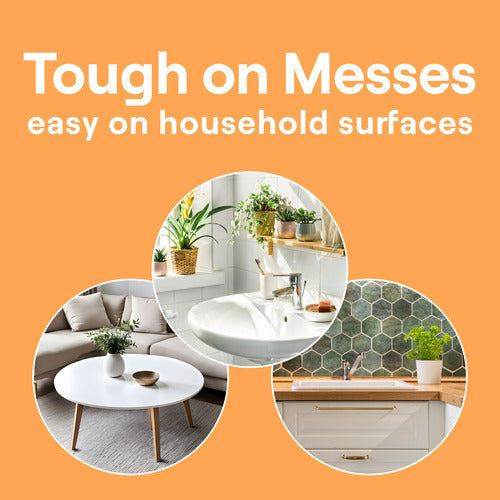 Graphic with the text Tough on Messes, easy on household surfaces over an orange background, featuring Seventh Generation Multi-Surface Disinfectant Cleaning Spray—perfect for tackling germs with Lemongrass Citrus freshness in every room.