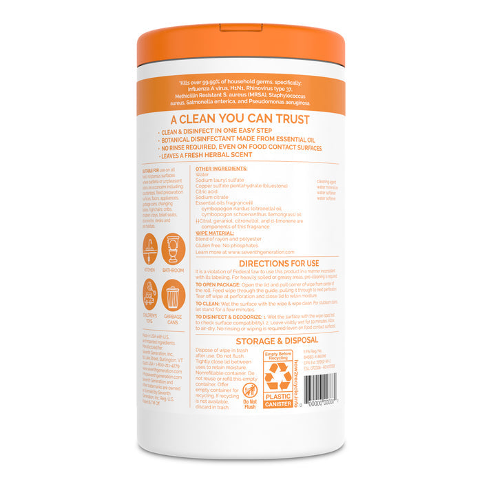 Back of a Seventh Generation Multi-Surface Disinfecting Wipes cylinder with orange lid, showing product info, usage directions, warnings, Lemongrass Citrus ingredients, disposal instructions, and recycling symbols.