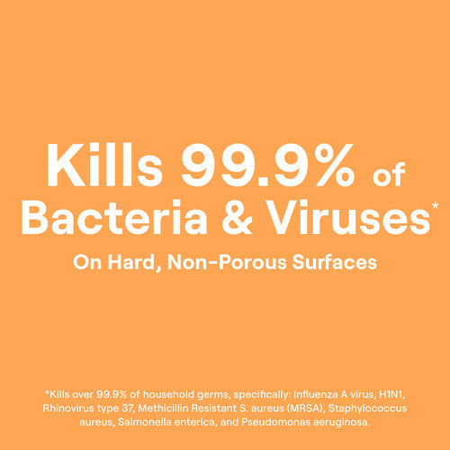 Text on an orange background reads: Seventh Generation Multi-Surface Disinfecting Wipes kill 99.9% of bacteria & viruses like Influenza A, H1N1, MRSA, and Salmonella on hard non-porous surfaces. Lemongrass Citrus scent.
