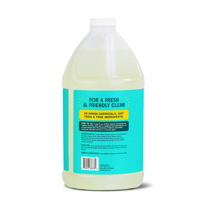 Aunt Fannies Multi-Surface Floor Cleaner, Bulk, is a gallon-sized bottle featuring For a Fresh & Friendly Clean on a turquoise label. This plant-based cleaner includes instructions, ingredients, and recycling info. The bottle contains a light green liquid.