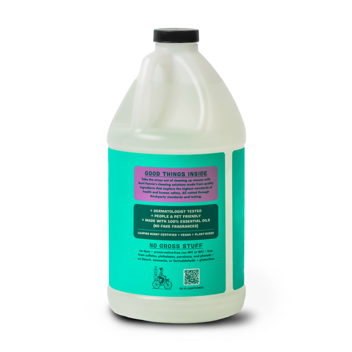 Aunt Fannies Multi-Surface Floor Cleaner, Bulk: a large plastic jug with black cap and turquoise label featuring “Good Things Inside,” eco-friendly claims, cruelty-free, vegan, and dermatologist-tested.