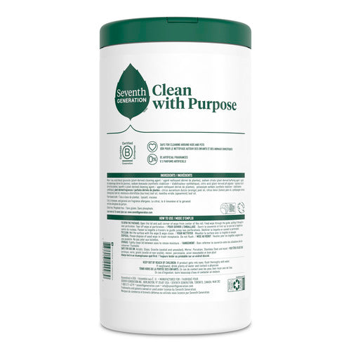 A white container with a green lid labeled Seventh Generation Multi-Surface Wipes displays product details, usage directions, and ingredients in green and black text, with eco-friendly icons and a USDA Certified Biobased symbol.
