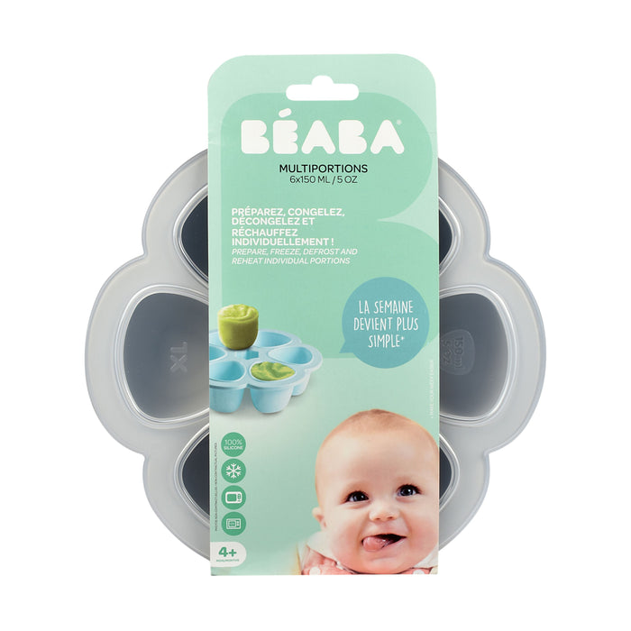The BEABA Multiportions™ Silicone Baby Food Freezer Tray, made of platinum-grade silicone, includes six 150 ml compartments. Its packaging displays a smiling baby and the tray, highlighting its function as a Babycook accessory for prepping, freezing, and reheating individual meals.