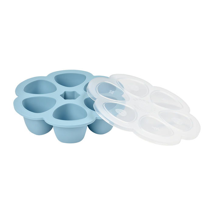 The BEABA Multiportions™ Silicone Baby Food Freezer Tray is blue with seven heart-shaped compartments made of platinum grade silicone and comes with a transparent lid.