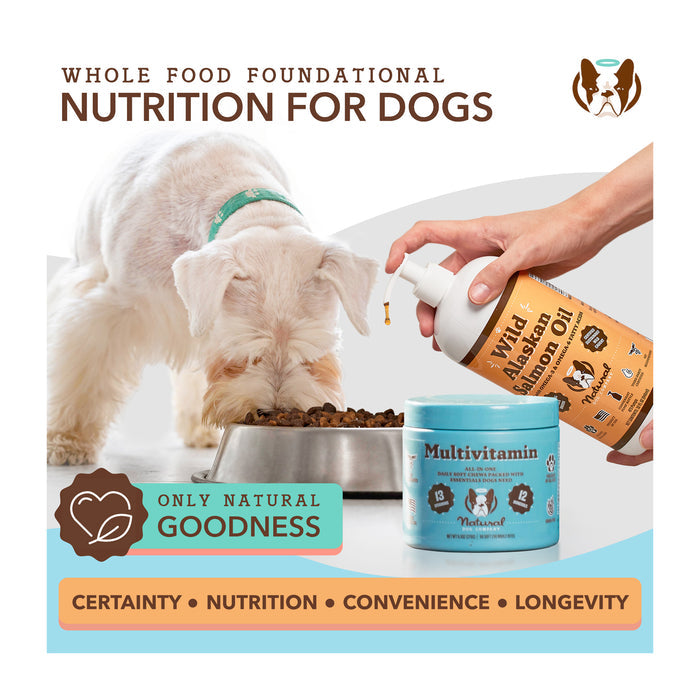 A dog eating from a bowl beside a person holding a bottle of wild Alaskan salmon oil. A container of multivitamin is nearby. Text reads: "Whole Food Foundational Nutrition for Dogs" and "Only Natural Goodness - Certainty, Nutrition, Convenience, Longevity.