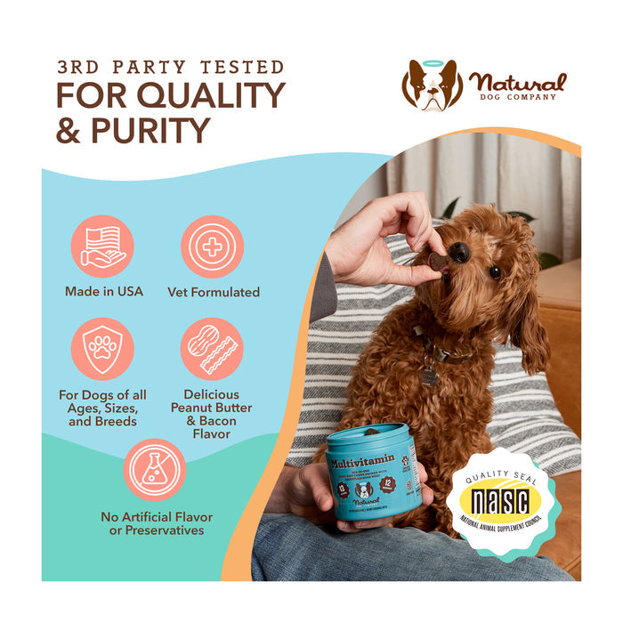 A dog eating a vitamin treat from a person's hand. The image highlights the product features: made in the USA, vet formulated, for all dogs, peanut butter &amp; bacon flavor, no artificial flavors. Branding and quality seals are visible.