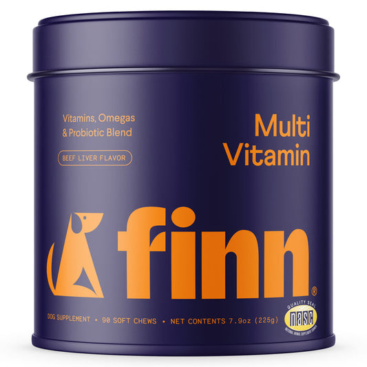 A dark blue cylindrical Finn Multivitamin Supplement for Dogs container includes 98 beef liver-flavored soft chews, weighing 7.9 oz (225g), and features omega-3s, vitamins, and a probiotic blend.
