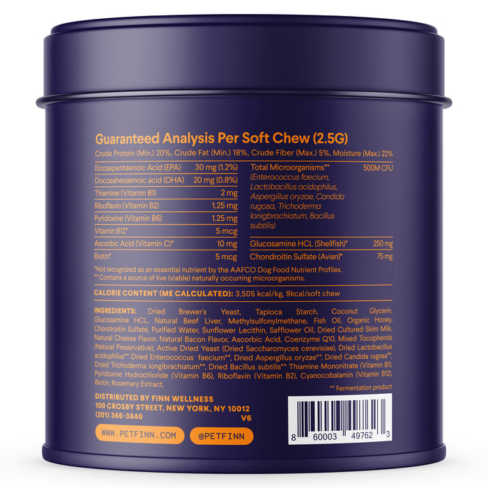 A purple container displays the nutritional details of Finns Multivitamin Supplement for Dogs. Ingredients include beef, fish oil, and omega-3 vitamins. Brand contact details and social media handles are also provided.