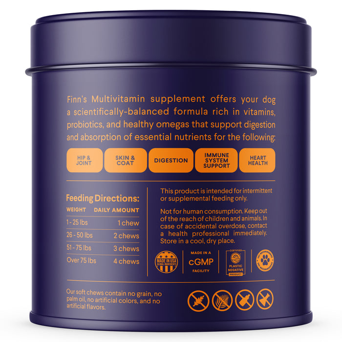 Finns Multivitamin Supplement for Dogs in a purple container supports digestion and heart health with probiotics. Feeding is weight-based, and quality assurance plus nutritional support icons are displayed at the bottom.