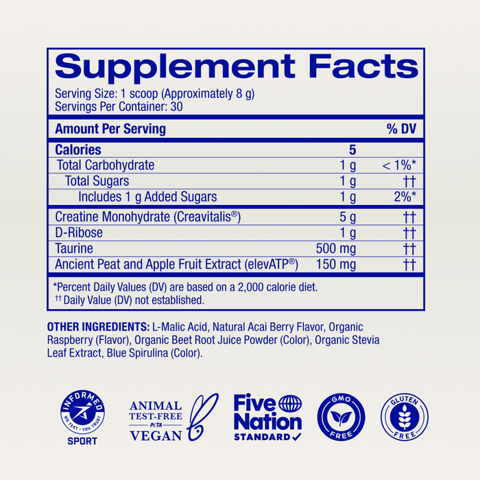 Ora Organic Muscle Memory: Supercharged Creatine Powder Supplement Facts per 8g serving: 5 calories, 1g carbs (1g sugar), 5g creatine monohydrate for muscle recovery, 1g D-ribose, and 500mg taurine. Other ingredients listed below.