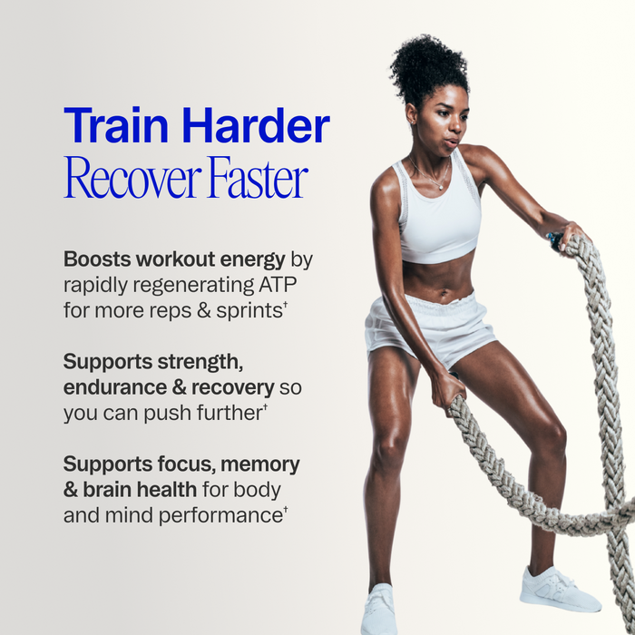 A fit woman trains with battle ropes. Text: Muscle Memory: Supercharged Creatine Powder by Ora Organic—boosts energy, strength, muscle recovery, focus, memory, and brain health. Informed Sport certified creatine monohydrate.