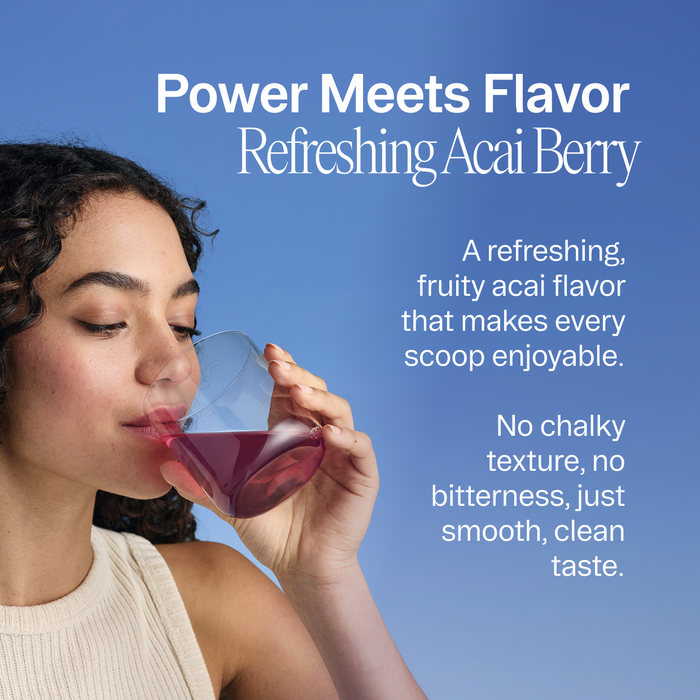 A woman with curly hair drinks a purple beverage. Text highlights Ora Organic Muscle Memory: Supercharged Creatine Powder, featuring a refreshing acai berry flavor, smooth clean taste, muscle recovery support, and Informed Sport certification.