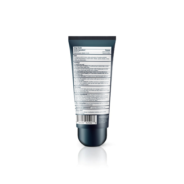 A dark gray and silver tube of Oars + Alps Muscle Recovery Balm, shown from the back with a white label listing drug facts, directions, warnings, and a barcode on a plain white background. Perfect for relieving muscle soreness after tough workouts.