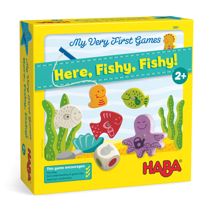Yellow box for HABAs My Very First Games - Here, Fishy, Fishy! Magnetic Game showcases fish, a starfish, and seaweed. This engaging fishing game includes a die and fishing rod graphic to promote hand-eye coordination and early development skills. Suitable for ages 2+.