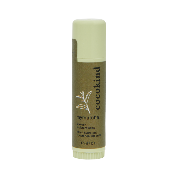 The MyMatcha All-Over Moisture Stick from Cocokind, in an olive-green cylindrical tube with a plant design and black text, offers 0.5 oz (15 g) to effectively hydrate dry lips and address dark circles.