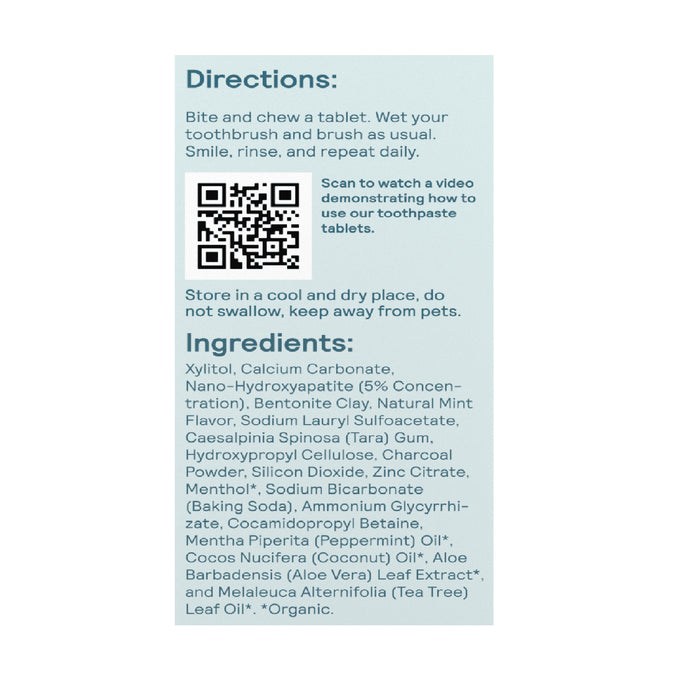 The Huppy Toothpaste Tablets with Tin come with a label guiding you to bite and chew a tablet, wet your toothbrush, and brush as usual. Scan the QR code for a video. Contains xylitol and calcium carbonate for cavity-fighting in a sustainable form.