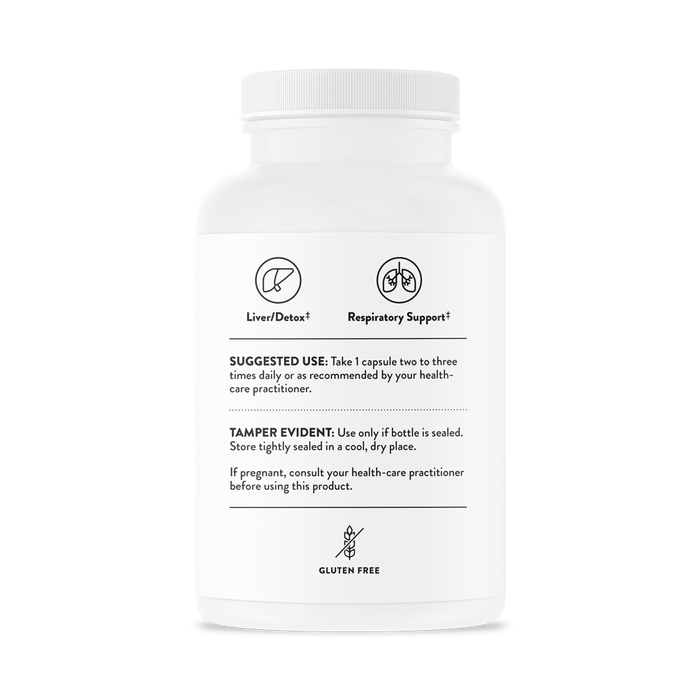 Thornes NAC - N-Acetylcysteine supplement comes in a tamper-evident, gluten-free white bottle. It supports liver, detox, and respiratory functions with antioxidant benefits. Suggested use: one capsule 2-3 times daily. Consult a healthcare practitioner if pregnant.