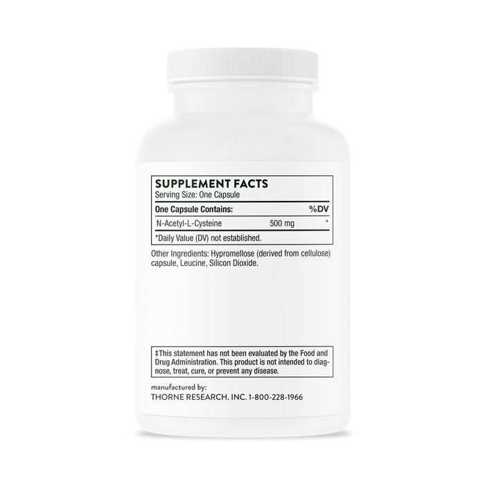 A white bottle of Thornes NAC - N-Acetylcysteine details supplement facts for one capsule containing 500 mg of N-Acetyl-L-Cysteine (NAC), supporting antioxidant and glutathione levels, with hypromellose, leucine, and silicon dioxide. Manufacturer: Thorne Research, Inc.
