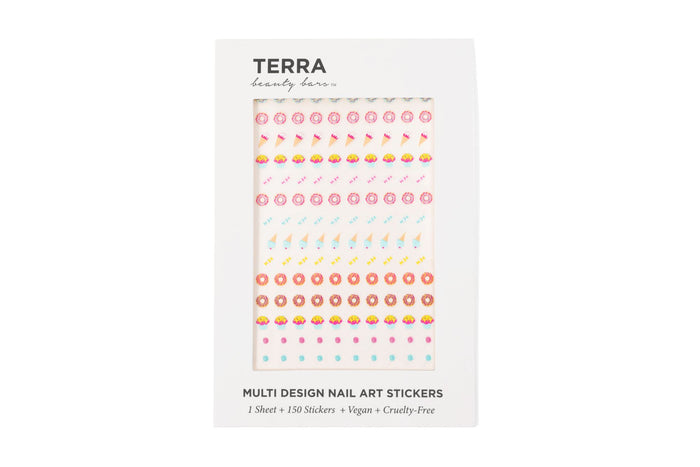 The white TERRA package from Terra Beauty Bars contains vegan, cruelty-free Nail Art Stickers with 1 sheet of 150 vibrant designs, featuring playful donuts, ice cream cones, and geometric shapes.