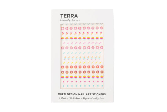 The white TERRA package from Terra Beauty Bars contains vegan, cruelty-free Nail Art Stickers with 1 sheet of 150 vibrant designs, featuring playful donuts, ice cream cones, and geometric shapes.