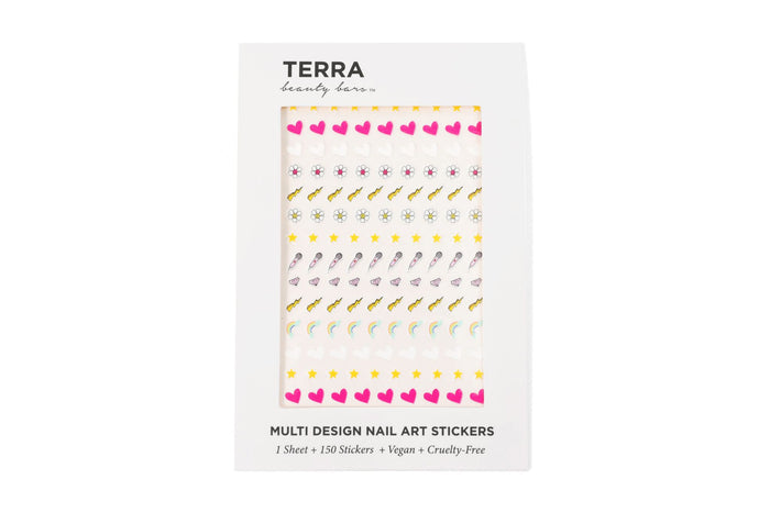 Terra Beauty Bars Nail Art Stickers feature stars, hearts, and moons in colorful designs. These vegan, cruelty-free stickers combine style with sustainability, offering eco-friendly nail care in one set.