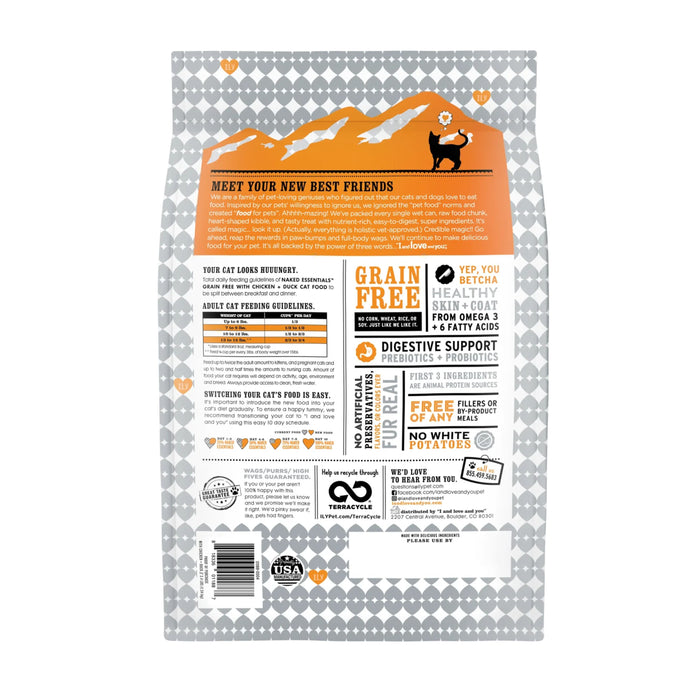 The back of the Cat Kibble - Naked Essentials - Chicken & Duck by I and Love and You features highlights like grain-free, digestive support, USA farm-raised chicken with Omega-3s, feeding guidelines, a cat graphic, and a heart-patterned background.