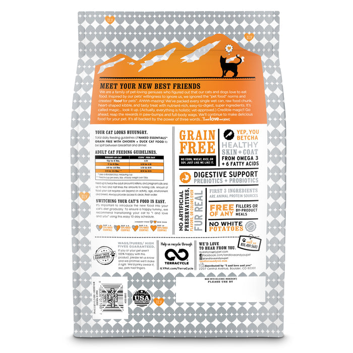 Back of I and Love and You Cat Kibble - Naked Essentials - Chicken & Duck bag shows feeding guidelines, highlights grain-free USA chicken, benefits for healthy skin & coat, and features icons on a gray diamond pattern with orange mountain and cat graphic.
