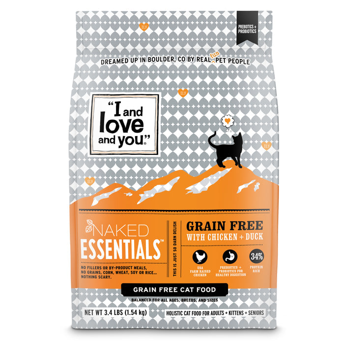 I and Love and You Cat Kibble - Naked Essentials Chicken & Duck is made with USA farm-raised chicken. Features a black cat silhouette on orange mountains with a gray pattern. Net wt: 3.4 lbs (1.54 kg).