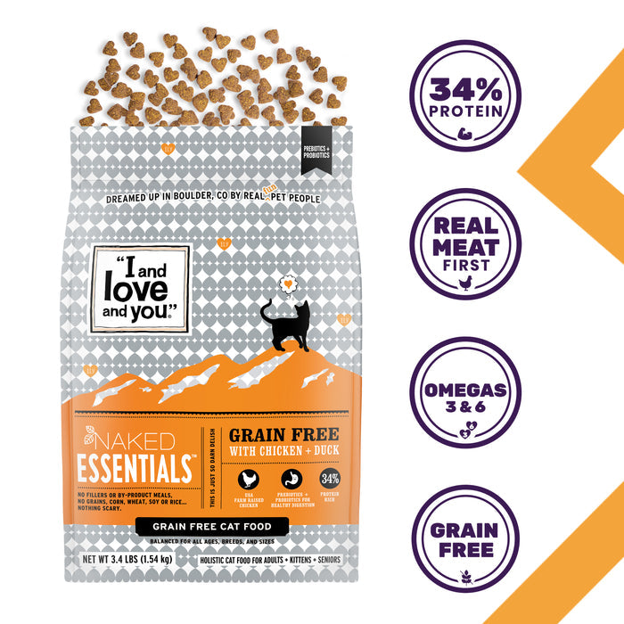 I and Love and You Cat Kibble - Naked Essentials Chicken & Duck features USA farm-raised chicken, 34% protein, real meat first, omegas 3 & 6, and is grain free. Shown with kibble pieces spilling out.