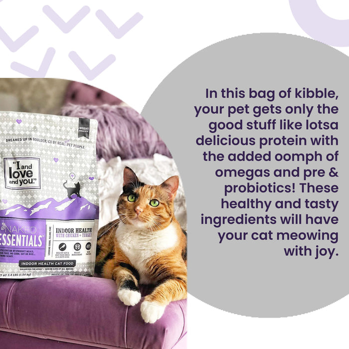 A calico cat lounges on a sofa beside a bag of I and Love and You Cat Kibble - Naked Essentials - Chicken & Duck, featuring USA farm-raised chicken, grain free formula, plus protein, omegas, and probiotics for cats.