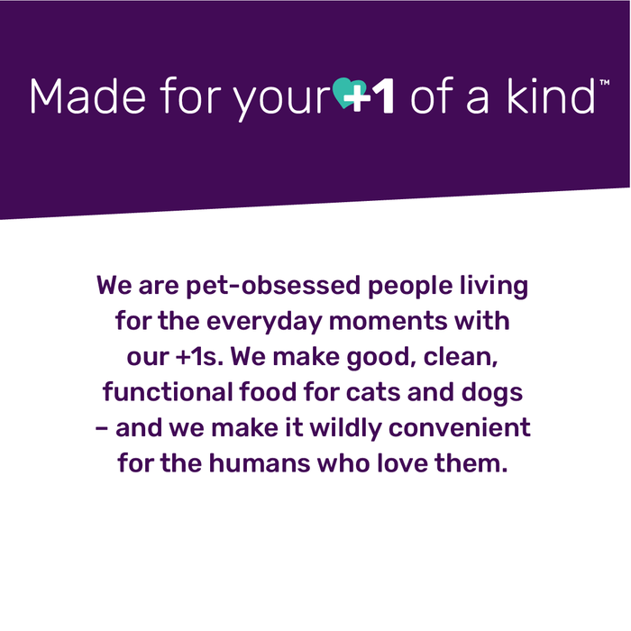 A graphic with Made for your +1 of a kind showcasing I and Love and Yous Naked Essentials Cat Kibble—Chicken & Duck; functional food with USA farm-raised chicken, perfect for pet-loving owners. Design features purple and teal accents.