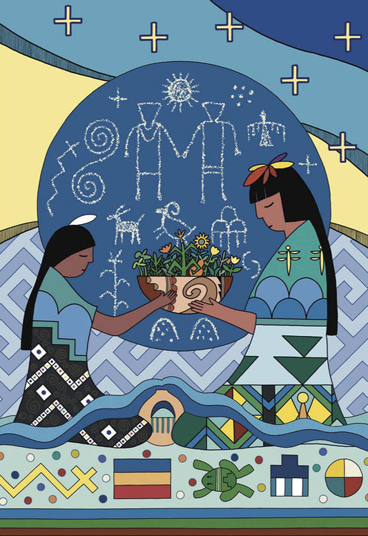 Partial description from the artist: "The spirit of Mother Earth encounters a child who symbolizes the world's people. Mother Earth offers a bowl filled with young plants that provide nourishment, medicine, and materials for shelter and clothing. The young child accepts mother Earth's gifts along with the responsibility of coexisting with all nature..."
White matted print measures 11 x 14 inches 
Image measures 9.5 x 7.5 inches
Information about this artwork, the artist and Hopi culture included on back