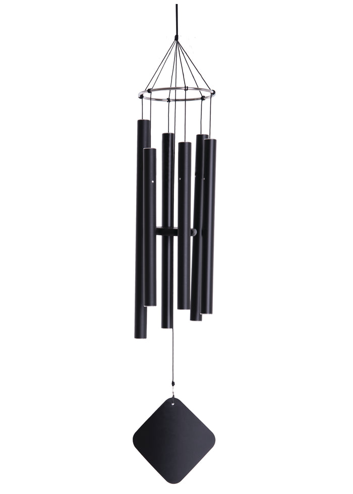 Nashville wind chimes with multiple black tubes and a diamond shaped wind sail with a small silver keepsake urn attached