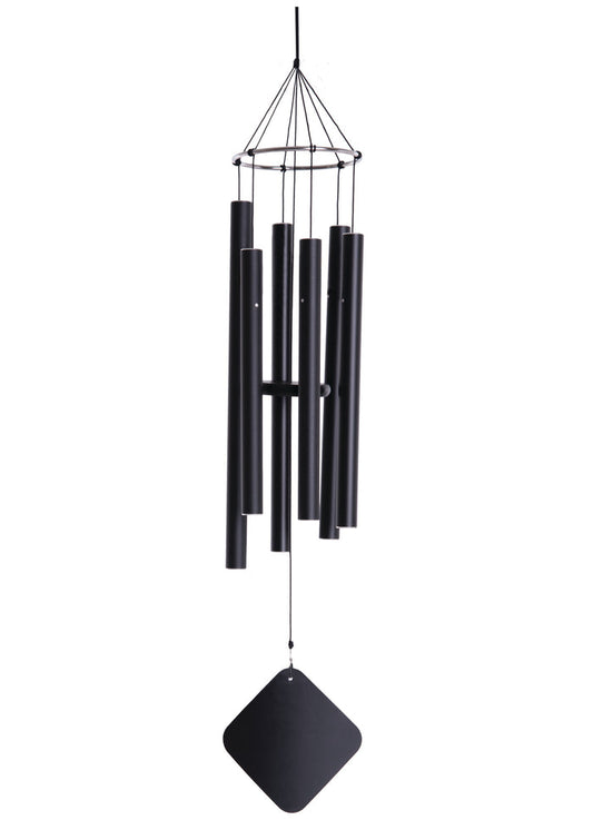 Nashville wind chimes with multiple black tubes and a diamond shaped wind sail with a small silver keepsake urn attached