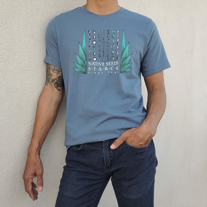 native seeds search log t-shirt with seed design and agave leaves