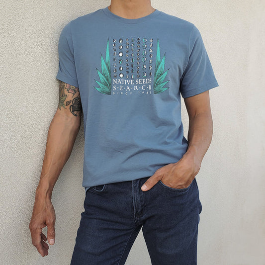 native seeds search log t-shirt with seed design and agave leaves