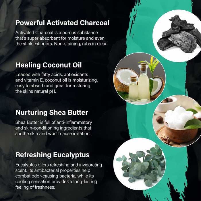 A promotional graphic for PiperWais Natural Deodorant Cream showcases skin-conditioning ingredients: activated charcoal, coconut oil, shea butter, and eucalyptus. Benefits are highlighted with vibrant images against a dark floral background to enhance the products elegant design.