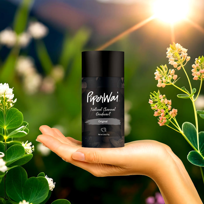 A hand holds a black cylindrical container labeled PiperWai Natural Deodorant Stick in a vibrant, sunlit garden with blooming flowers and green leaves. The sunlight beautifully highlights the deodorants essence with activated charcoal.