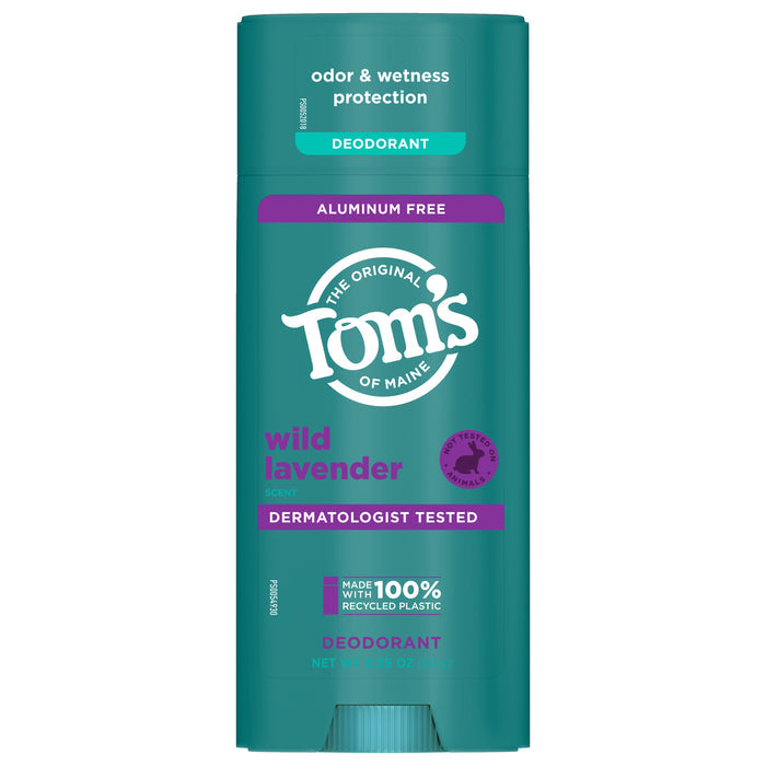 The teal container of Toms of Maine Natural Deodorant, in wild lavender, offers odor and wetness protection. Its aluminum-free, dermatologist tested, made from recycled plastic, and features a coordinating cap.
