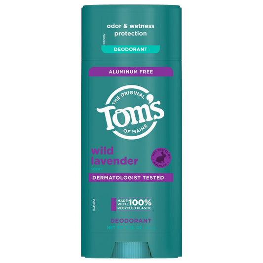 The teal container of Toms of Maine Natural Deodorant, in wild lavender, offers odor and wetness protection. Its aluminum-free, dermatologist tested, made from recycled plastic, and features a coordinating cap.