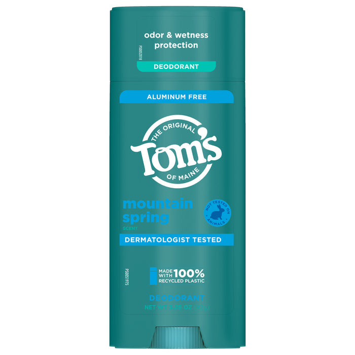 Toms of Maine Natural Deodorant in Mountain Spring provides excellent odor and wetness protection. The aluminum-free, dermatologist-tested formula is packaged in 100% recycled plastic, merging sustainability with freshness.