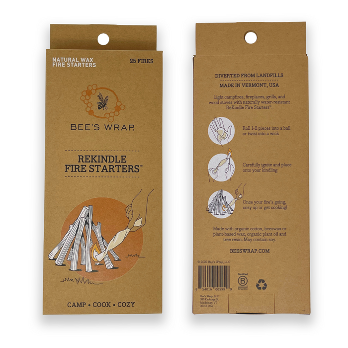 Front and back of Bees Wrap ReKindle - Fire Starters packaging: the front shows a fire illustration and product info; the back displays water-resistant use instructions with drawings plus details on eco-friendly materials—ideal for campfires.