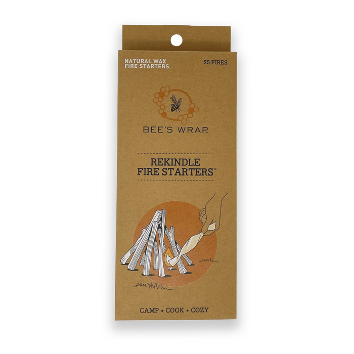 Bees Wrap ReKindle - Fire Starters packaging features a hand lighting a campfire. The label highlights natural wax fire starters for camp, cook, and cozy use. Water-resistant and ideal for 25 campfires in any weather.