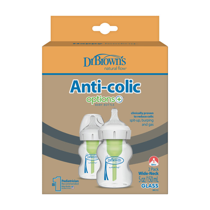 Dr. Browns Natural Flow Anti-Colic Options+ Wide-Neck Glass Baby Bottle features a design with two glass bottles equipped with white caps, green vent systems to reduce colic symptoms like spit-up and gas, and soft silicone Level 1 Slow Flow Nipples for natural feeding.