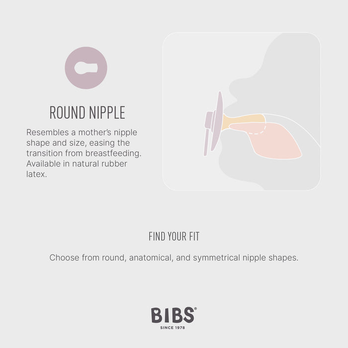 Illustration of a pacifier with a round nipple design, described as resembling a mother's nipple shape to ease breastfeeding transition. Available in natural rubber latex. Text mentions choosing from round, anatomical, and symmetrical shapes.
