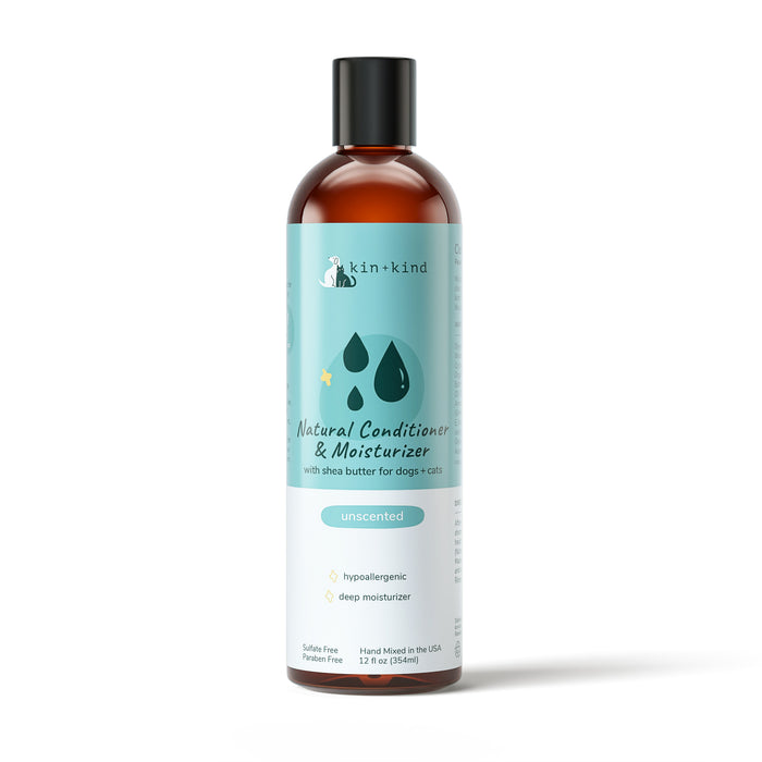 Discover kin+kinds Natural Moisturizing Conditioner for Dogs & Cats, enriched with shea butter. This unscented, sulfate-free formula is handmade in the USA and ideal for hypoallergenic grooming. Its perfect for deep moisturizing and gentle on sensitive skin. 12 fl oz (354 ml).